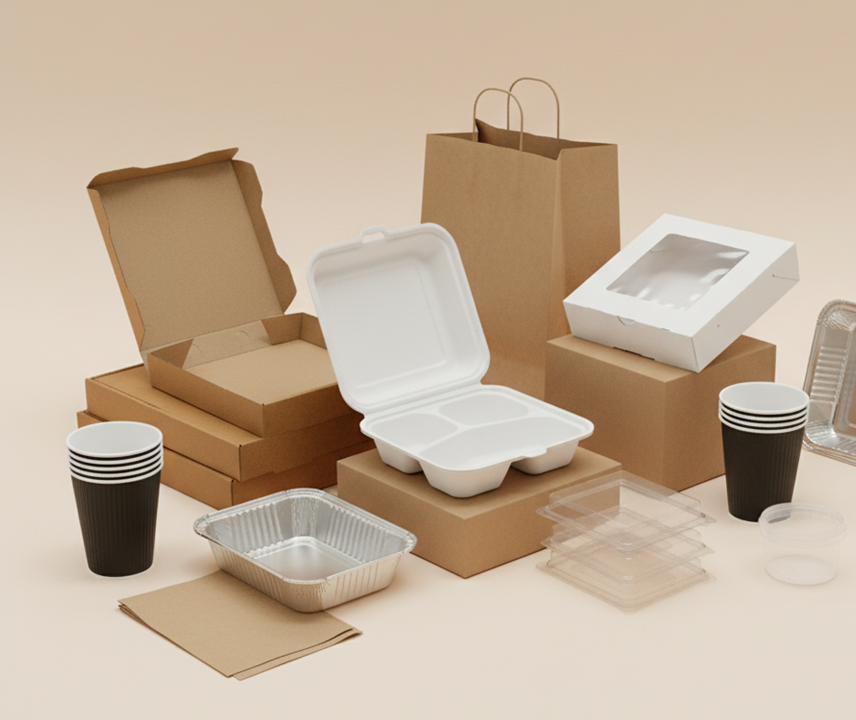 Premium food packaging collection including kraft boxes, paper bags, aluminium trays, containers and cups